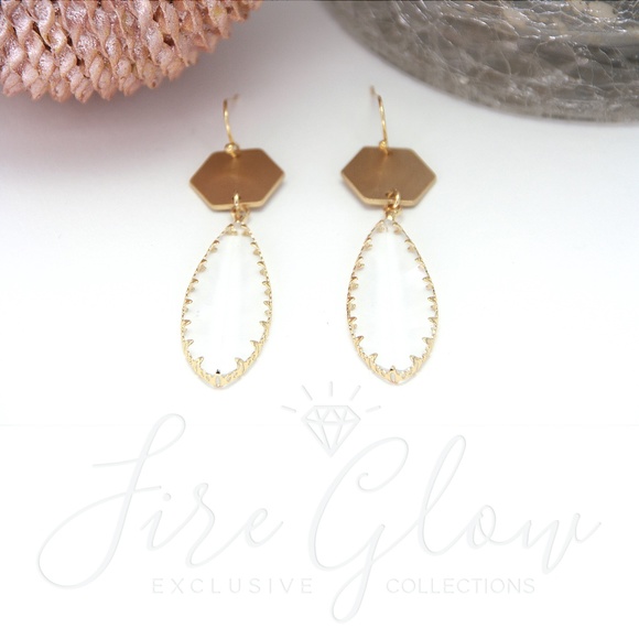 Clear Teardrop Gem Brushed Gold Tone Hex Earrings - Picture 3 of 10